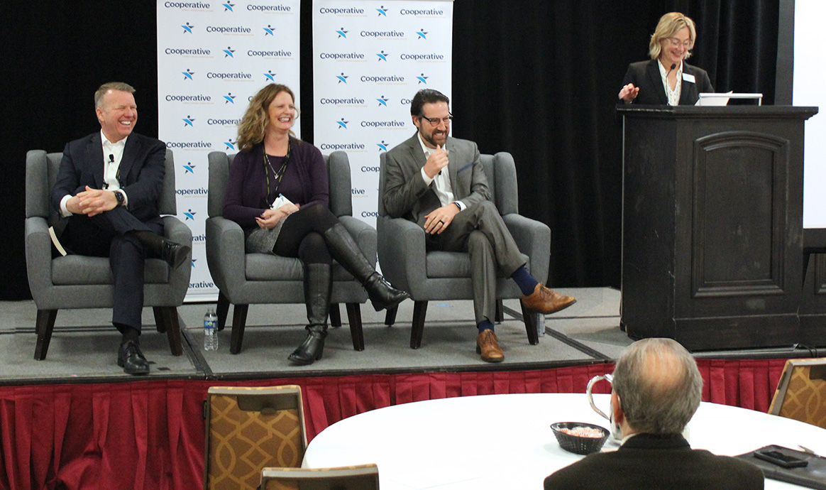 MVCU President & CEO John J. Howard (far left) joins Janell Upton, president and CEO of Dover Federal Credit Union, and Devon Lyon, president and CEO of Central One Federal Credit Union, for a panel discussion during the CU Accelerate conference. Photo cr